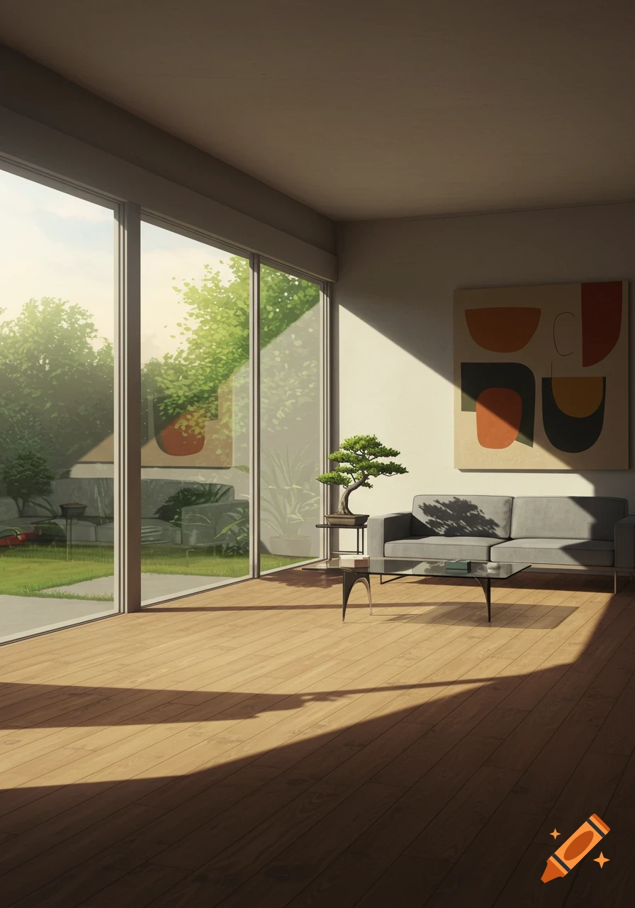 A modern, light-filled living room with a gray sofa, a bonsai tree, abstract art, and large windows overlooking a lush garden.