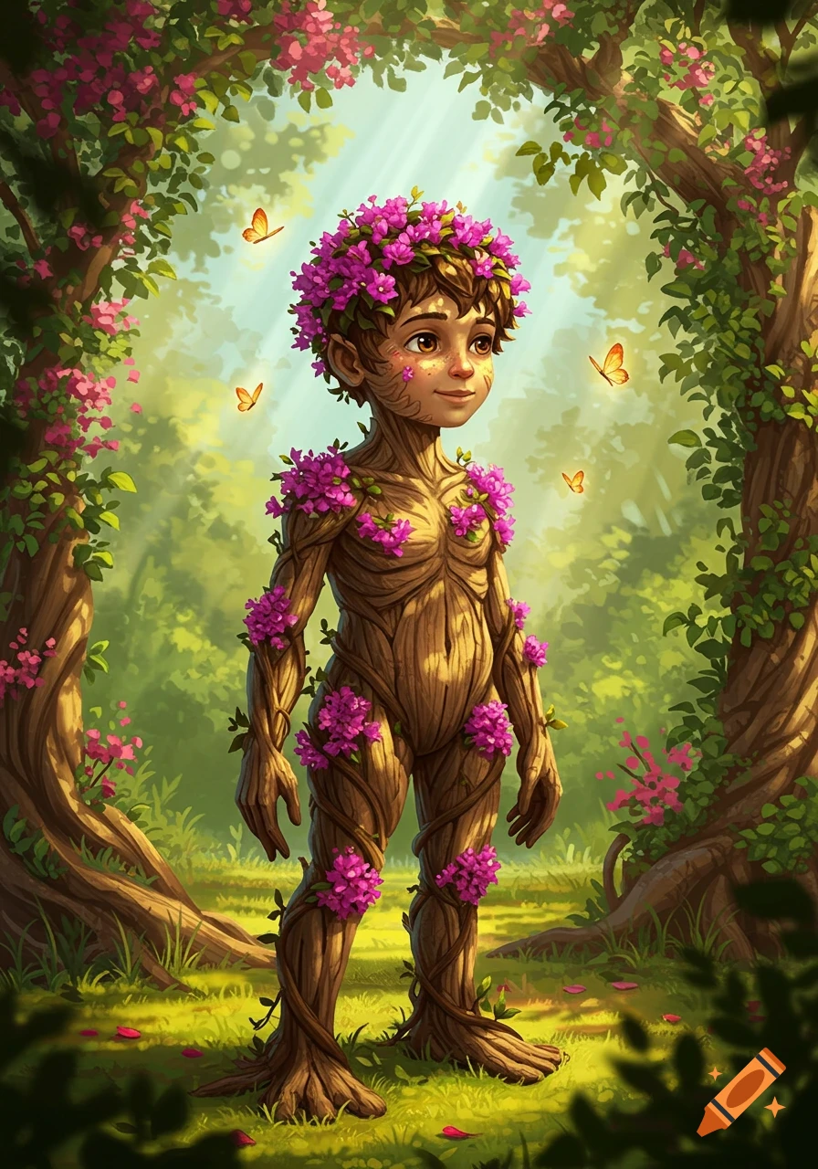 A boy-like tree creature covered in pink bougainvillea flowers stands in a lush, sunlit forest with butterflies.