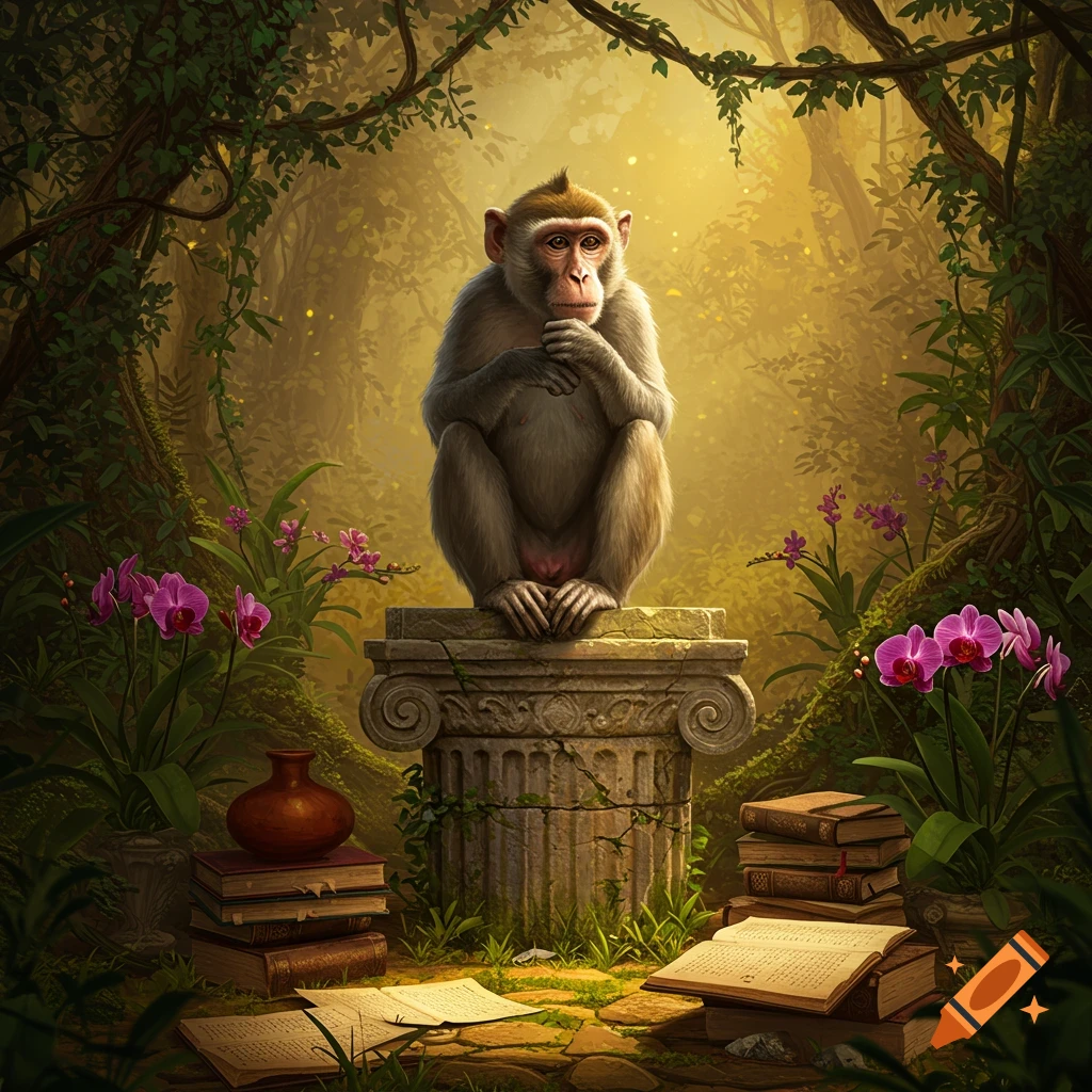 A contemplative monkey sits on a stone pillar in a golden-lit jungle with open books and pink orchids. Digital painting.