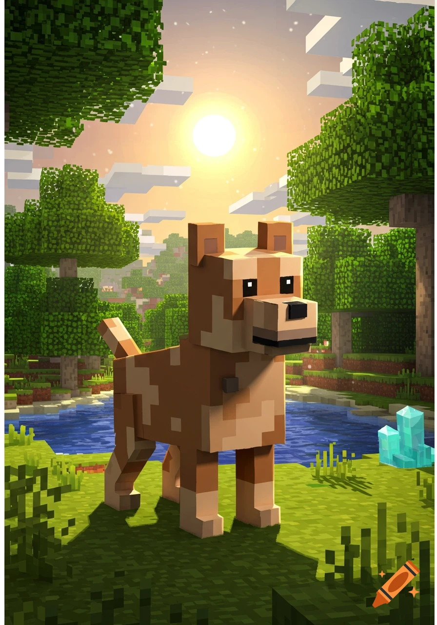 A blocky brown and tan dog stands in a vibrant Minecraft-style landscape with green trees, a blue river, and a bright sun.