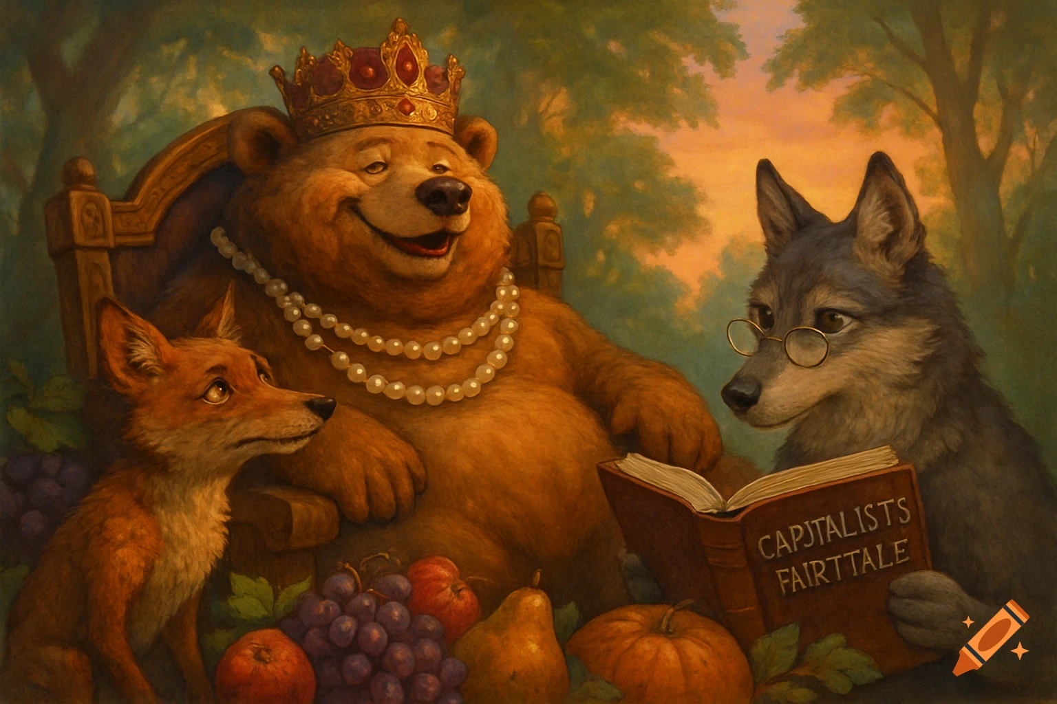 A king bear in a crown and pearls, a fox, and a wolf in glasses reading a book titled 'Capitalists Fairttale' in a lush forest setting.