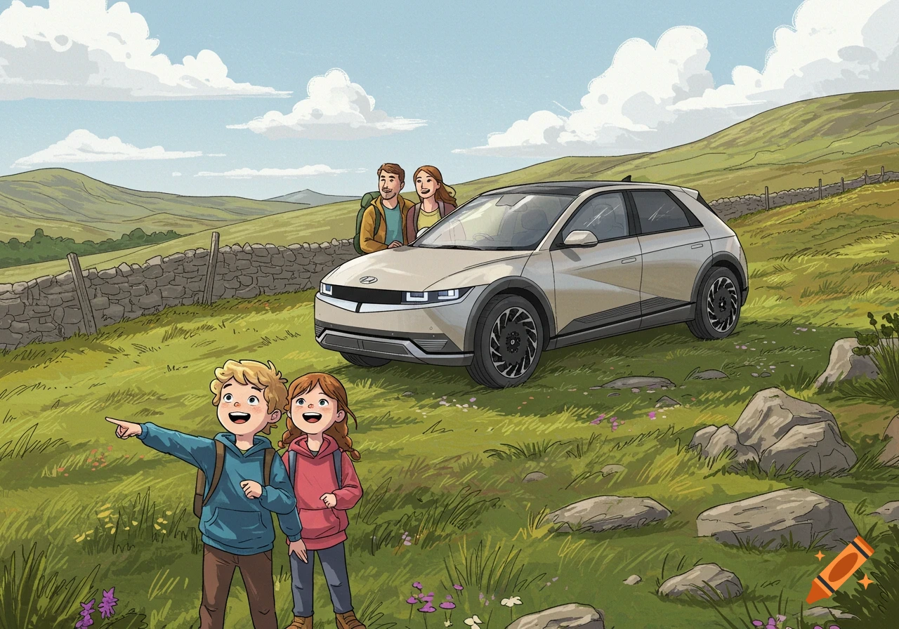 A comic illustration of a family, two children pointing, and their parents standing by a Hyundai Ioniq 5 car in a hilly, green landscape.