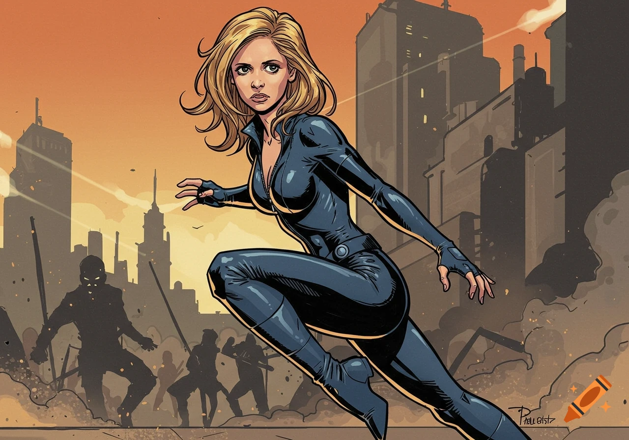Comic book illustration of Buffy Summers in a black suit, running against an urban skyline with silhouetted figures.