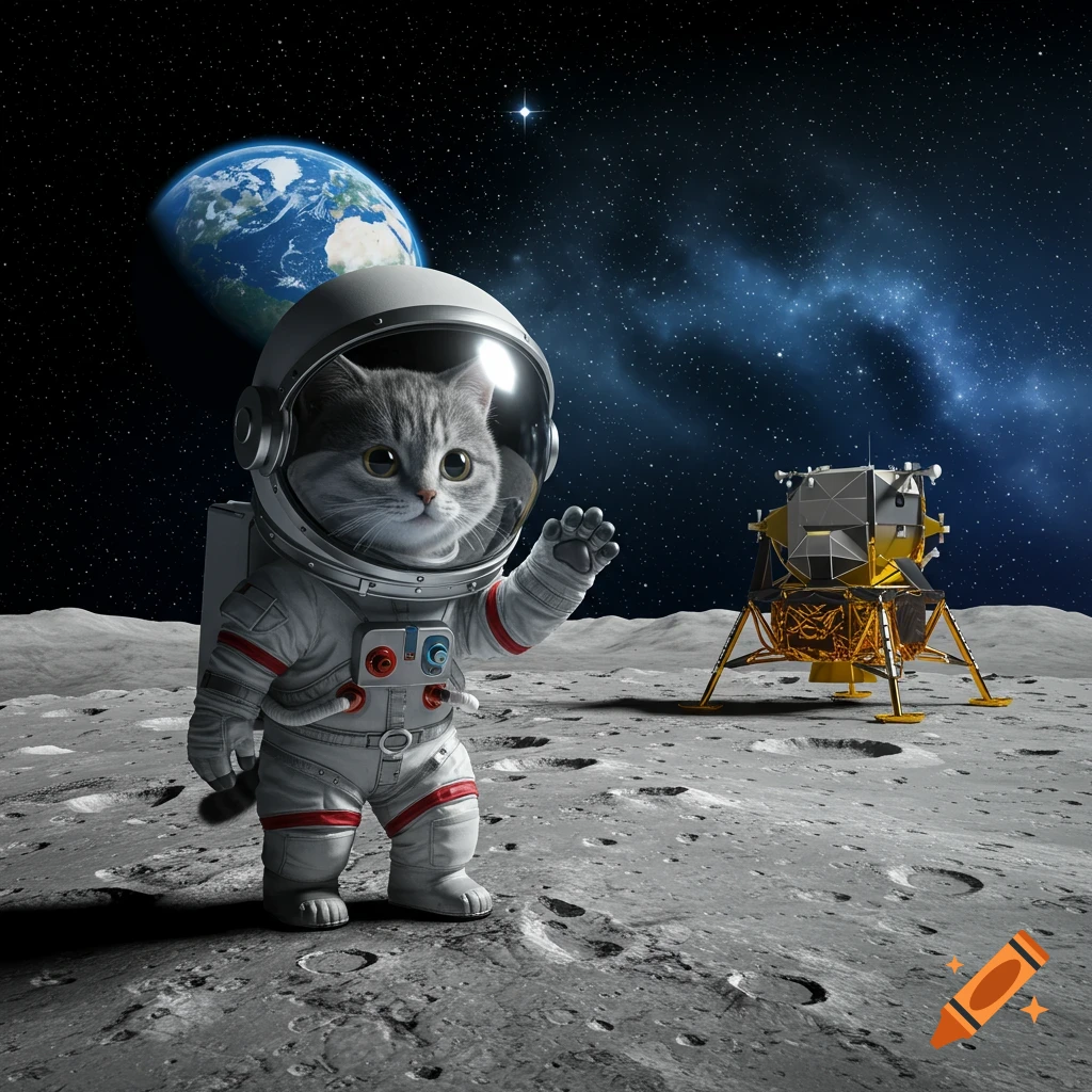A cute tabby cat in a white astronaut suit waves on the moon, with Earth and a lunar lander in the background. Photorealistic style.