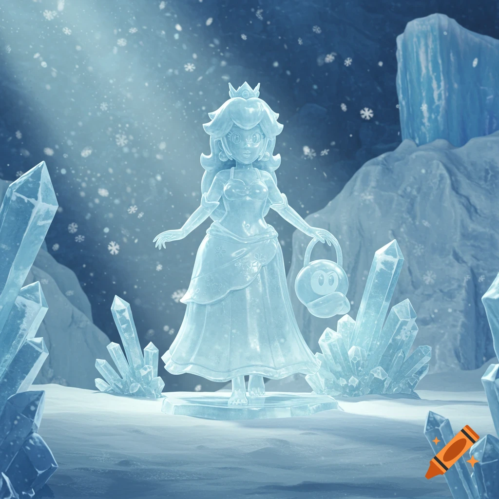 Princess Peach ice statue in a snowy, crystal-filled landscape with falling snowflakes.