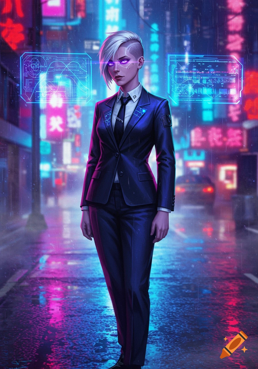 A white-haired cyberpunk woman in a business suit stands on a rainy street with neon signs and holographic displays.