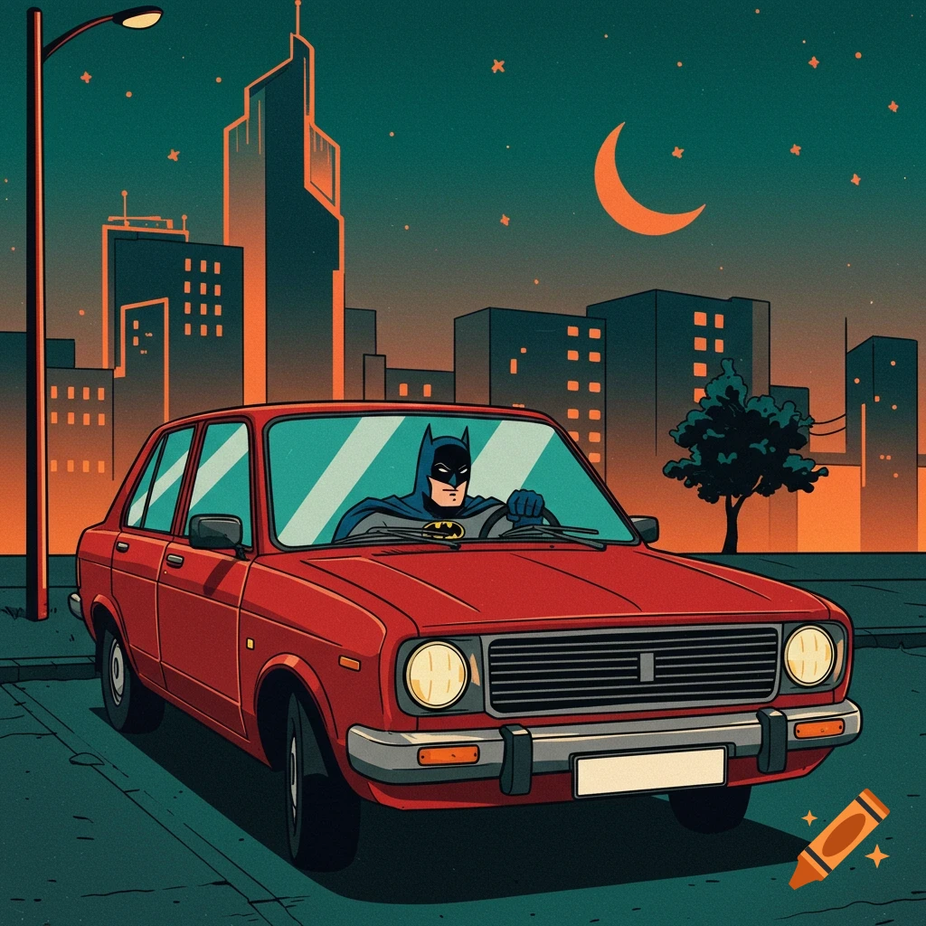 Batman drives a red retro car through a city at night under a crescent moon, in a cartoon style.