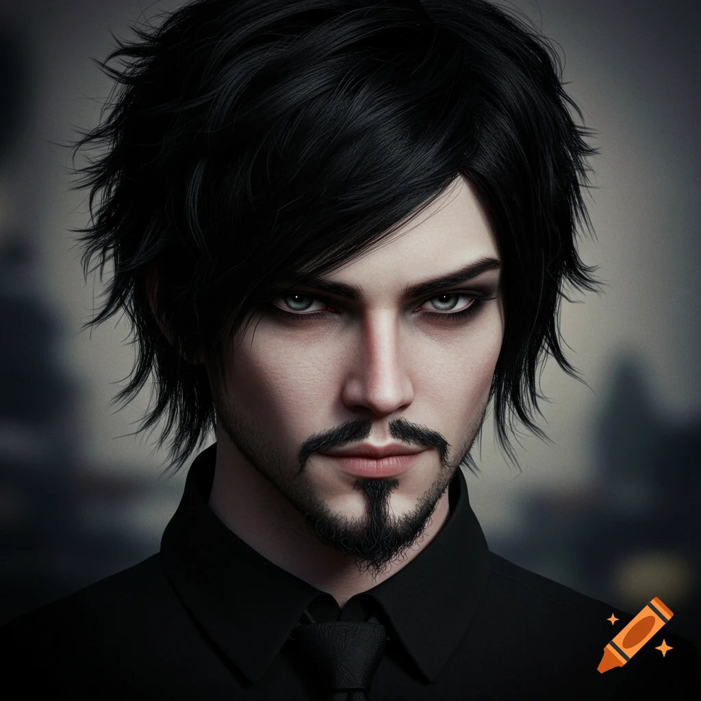 Close-up portrait of a pale-skinned male with shaggy black hair, grey eyes, a van dyke beard, and a slight smirk, in a gothic style.