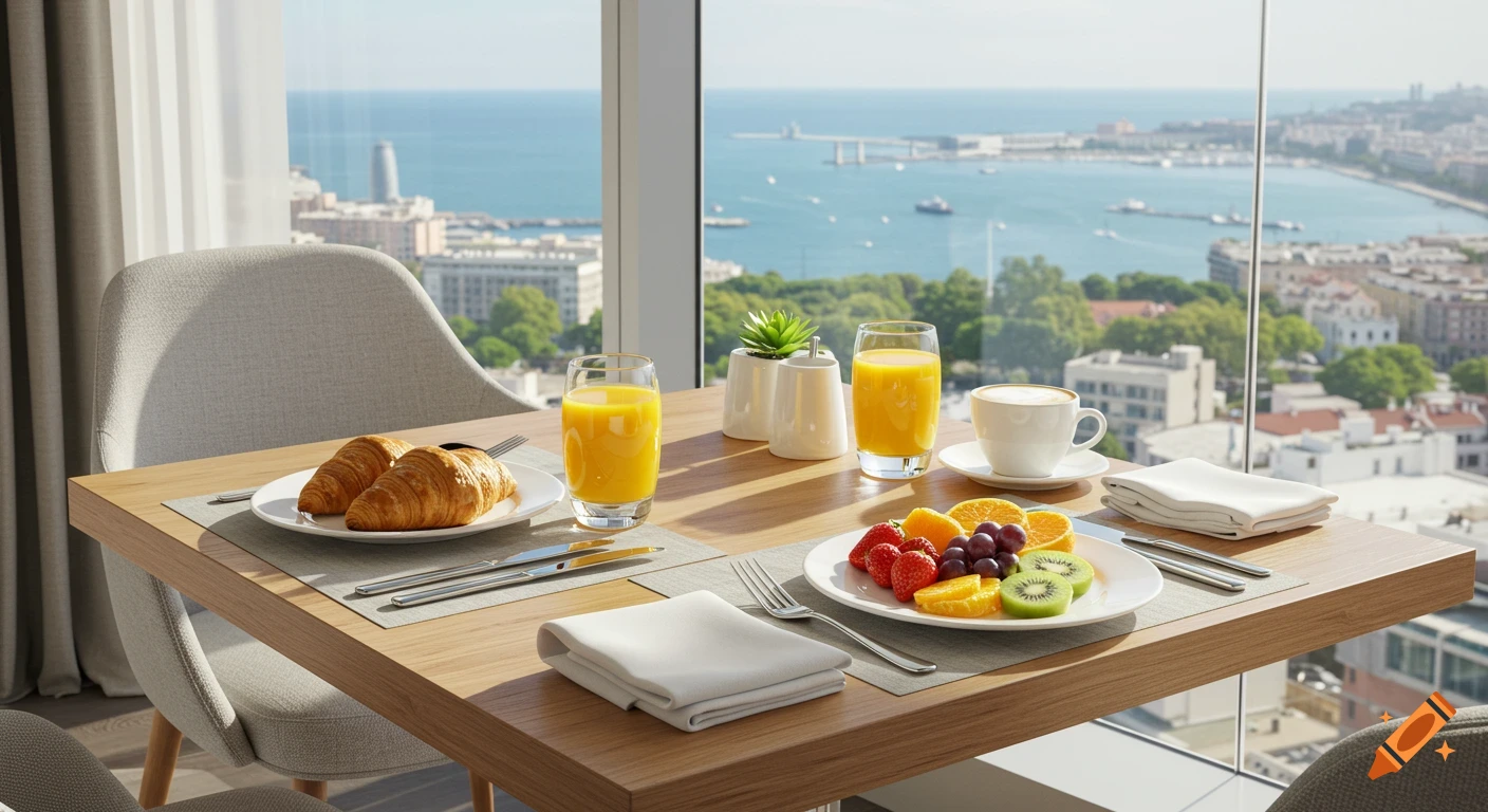 Breakfast for two with croissants, fruit, orange juice, and coffee on an elegant table in a modern hotel room overlooking the sea and city.