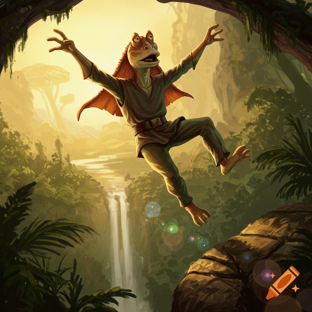 Jar Jar Binks jumps from a rock in a sunny jungle with a waterfall.