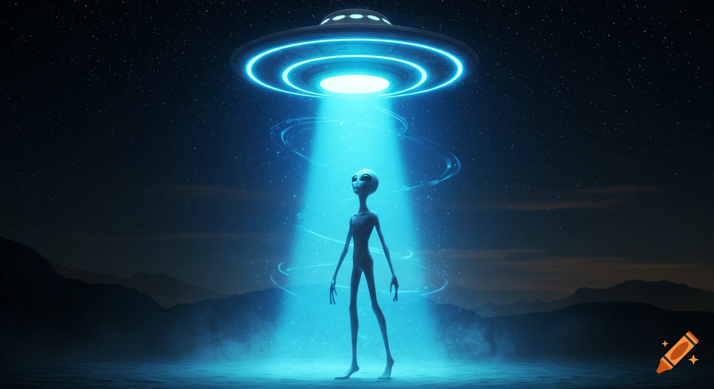 A grey alien stands under a bright blue light beam from a hovering UFO against a starry night sky and mountains.