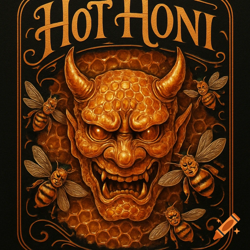 A stylized golden Japanese oni mask made of honeycomb, surrounded by bees wearing smaller oni masks, with "HOT HONI" text above.