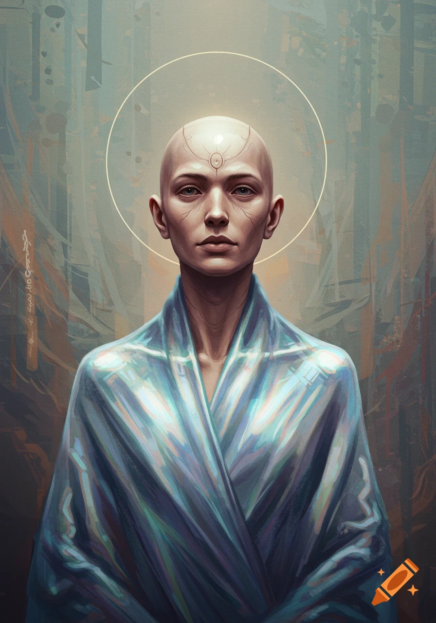 A bald person with intricate facial markings and a halo-like ring, wearing a shimmering, iridescent blue-green robe, staring forward.