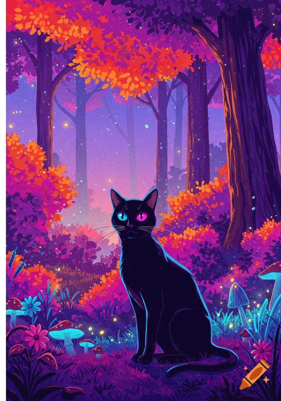A black cat with one blue and one pink eye sits in a vibrant, glowing forest with purple trees and orange leaves, in an anime style.