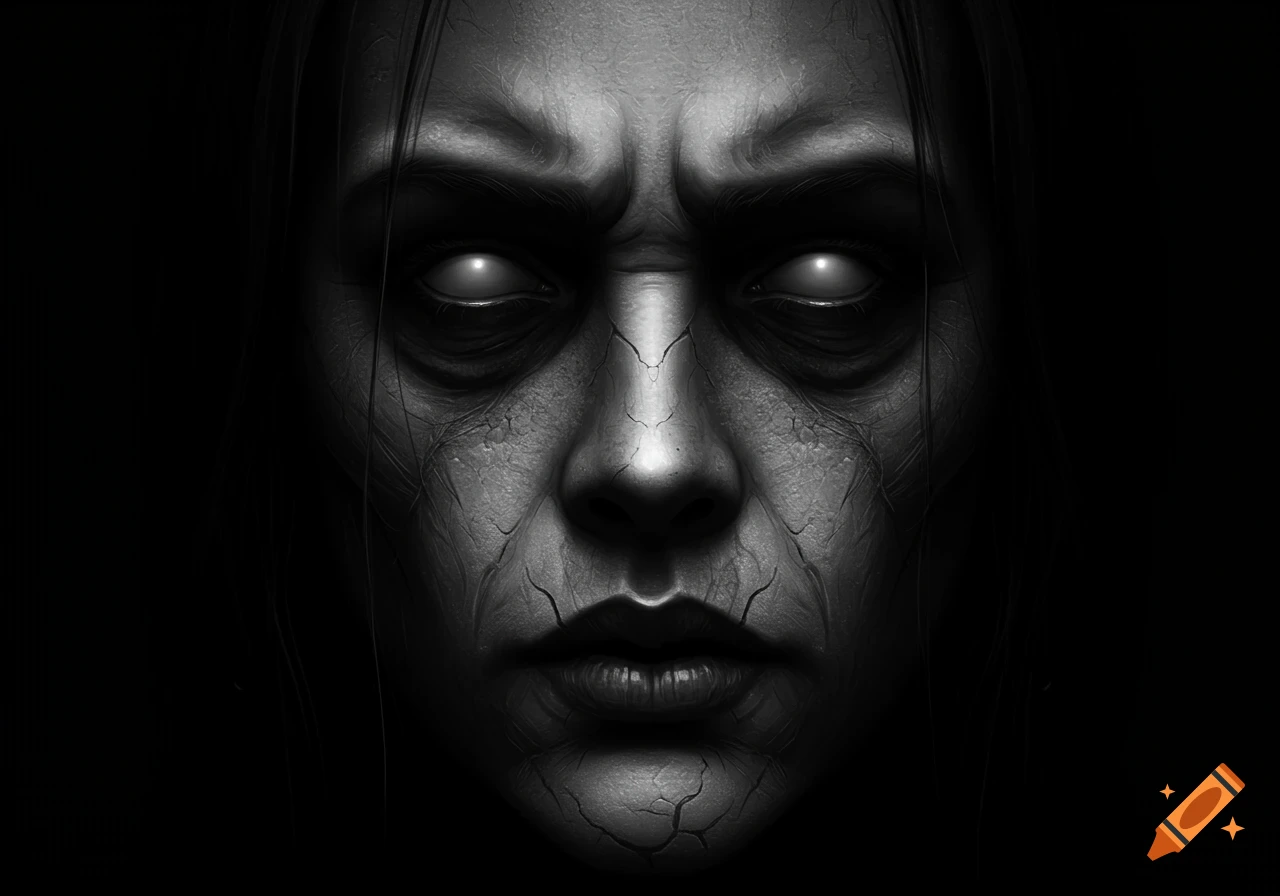 Close-up black and white portrait of a creepy, gaunt face with cracked skin and glowing white eyes in the dark.