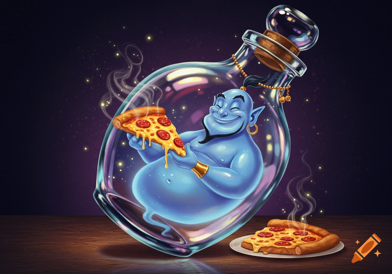 A blue genie in a clear bottle happily holds a slice of pepperoni pizza, with another slice on a plate. Illustrated style.