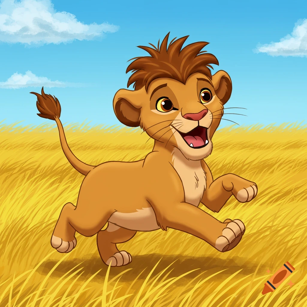 Playful cartoon lion cub with spiky brown hair running happily through a sunny golden savannah under a blue sky.
