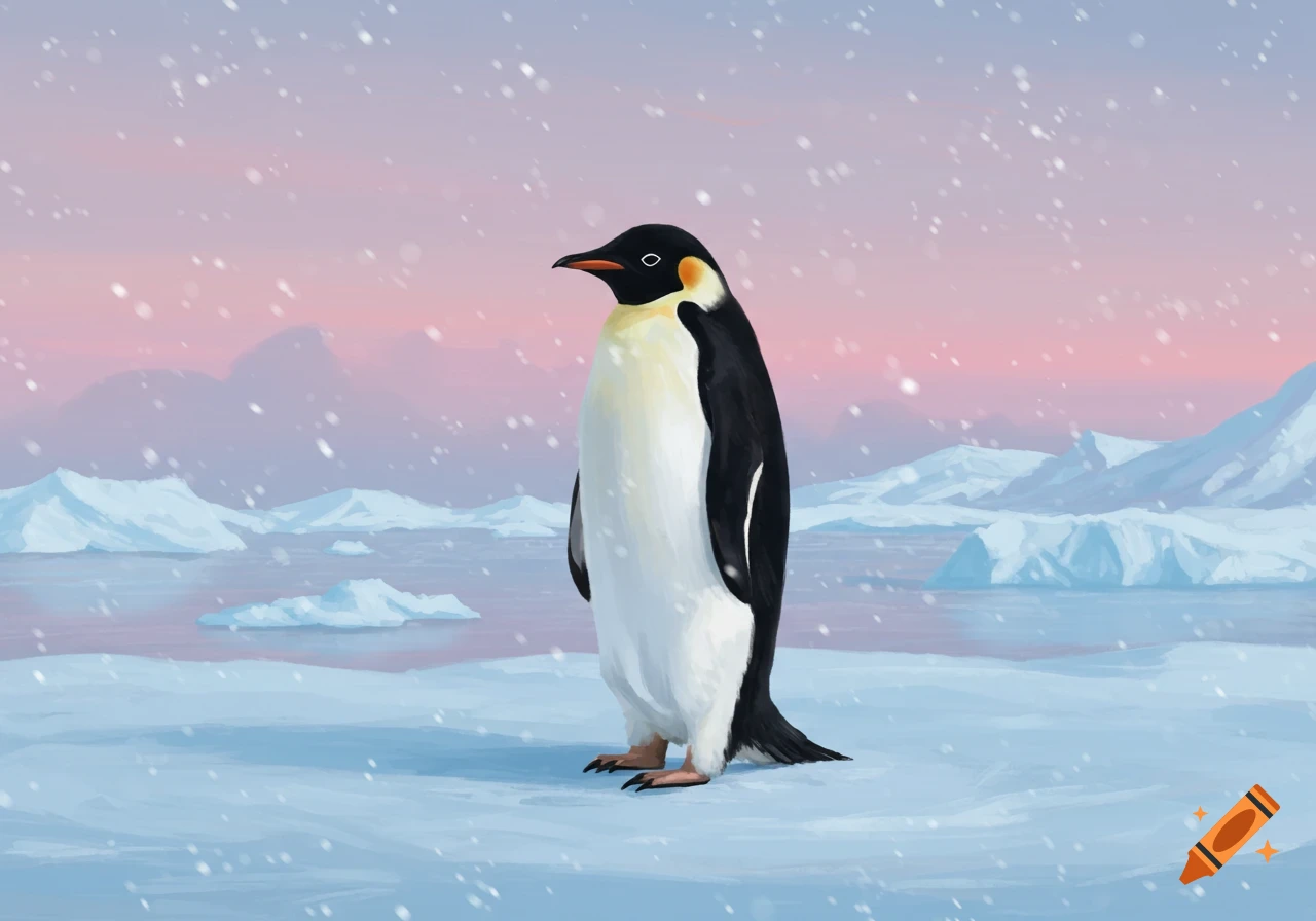 An emperor penguin stands on an ice floe amidst a snowy arctic landscape with icebergs and a pink-hued sky.