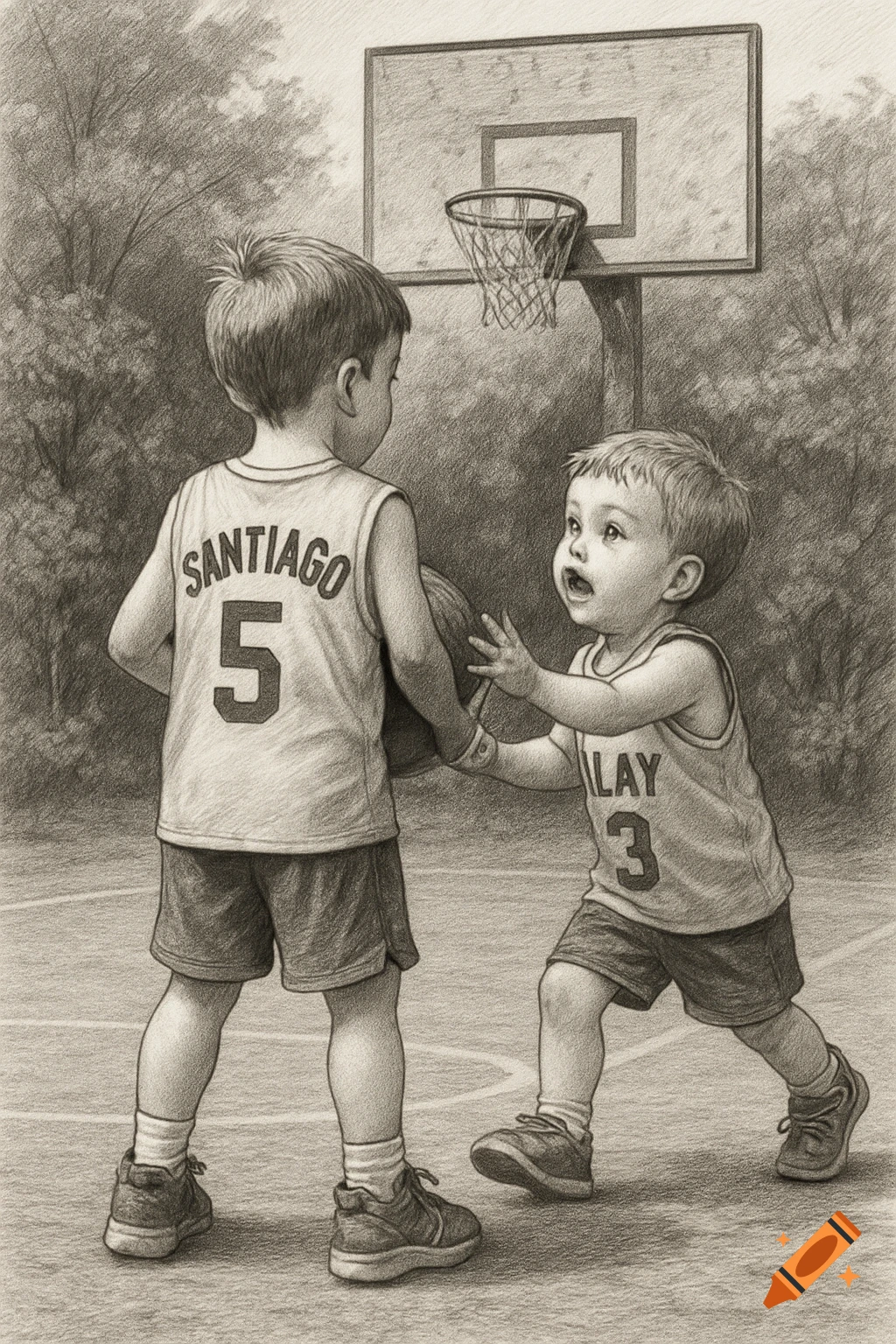 Black and white pencil drawing of two young boys playing basketball on an outdoor court. The older boy, Santiago, holds the ball as the younger boy, Ilay, reaches for it.