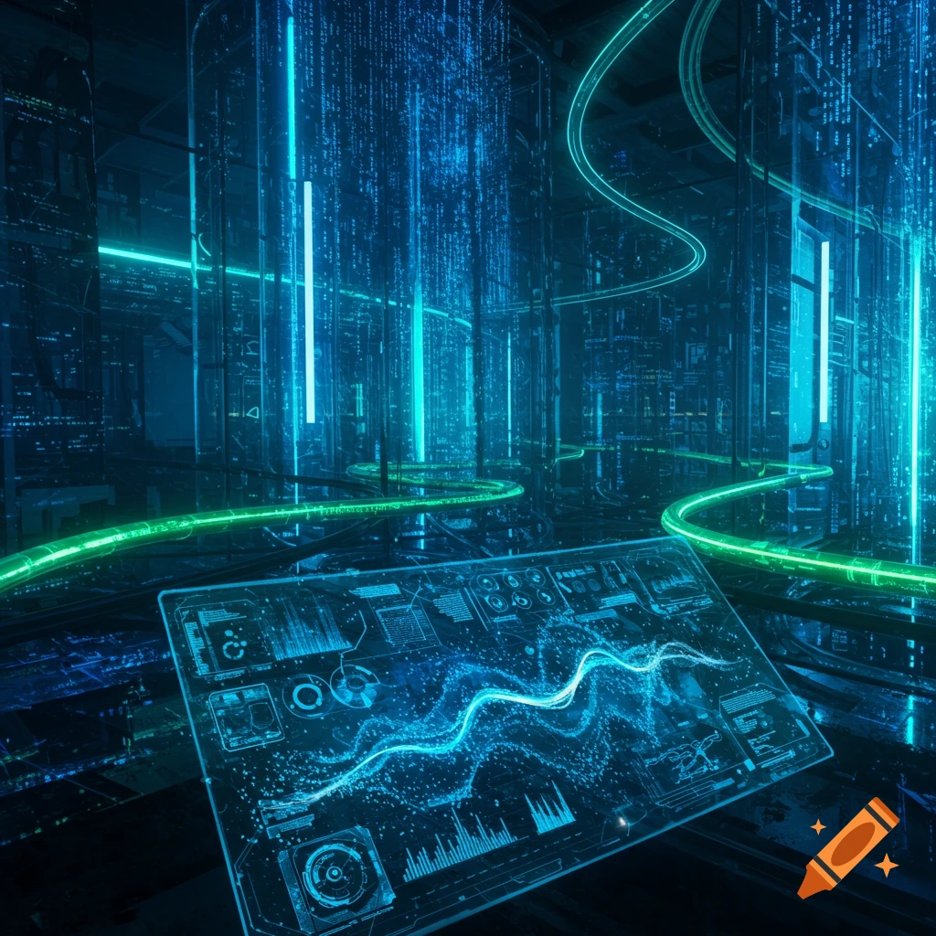 A futuristic data center with glowing blue and green light trails, data streams, and a holographic display with a wavy graph.