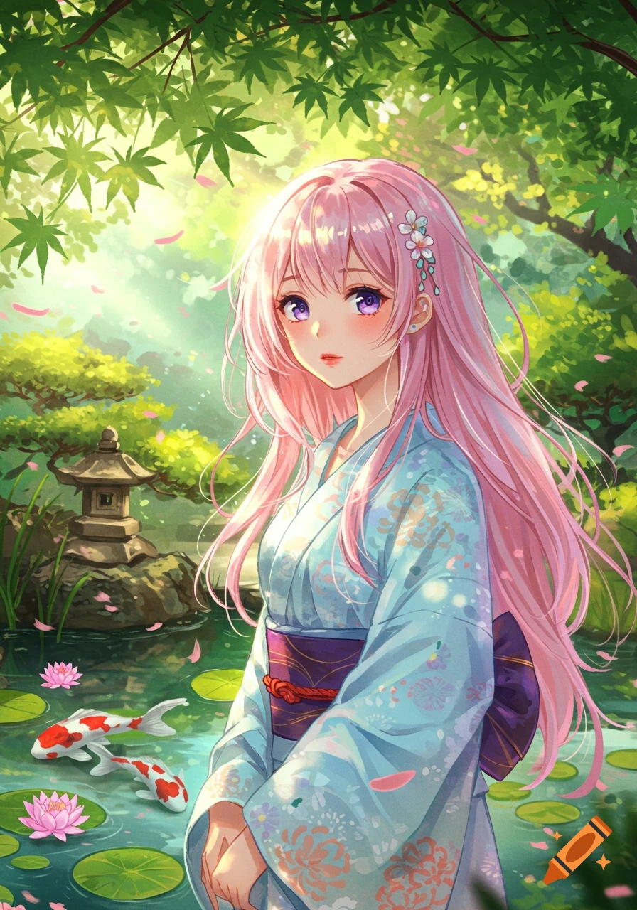 Anime girl with long pink hair in a light blue kimono, standing in a sunny Japanese garden with koi fish and a stone lantern.