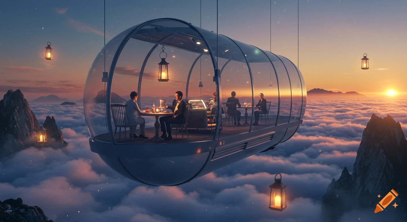 A photorealistic transparent glass capsule cafe floats above clouds and mountains at sunset, with people dining inside and floating lanterns around.