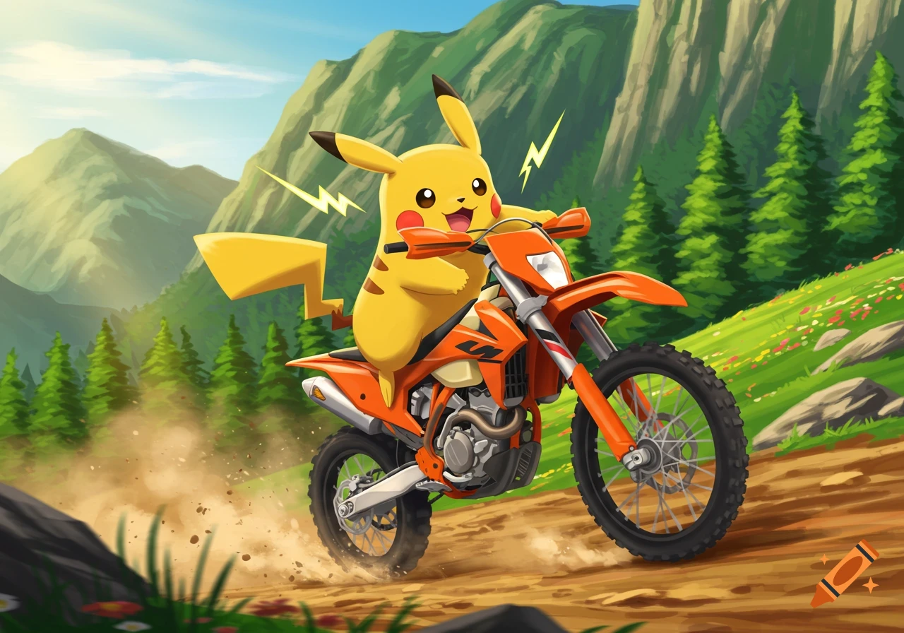 Cartoon Pikachu happily rides an orange dirtbike on a dirt path through a vibrant green mountain landscape.
