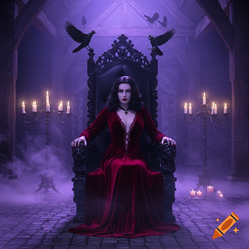 A vampire queen in a red velvet dress sits on a gothic throne in a fog-filled, purple chamber, surrounded by candles and crows.