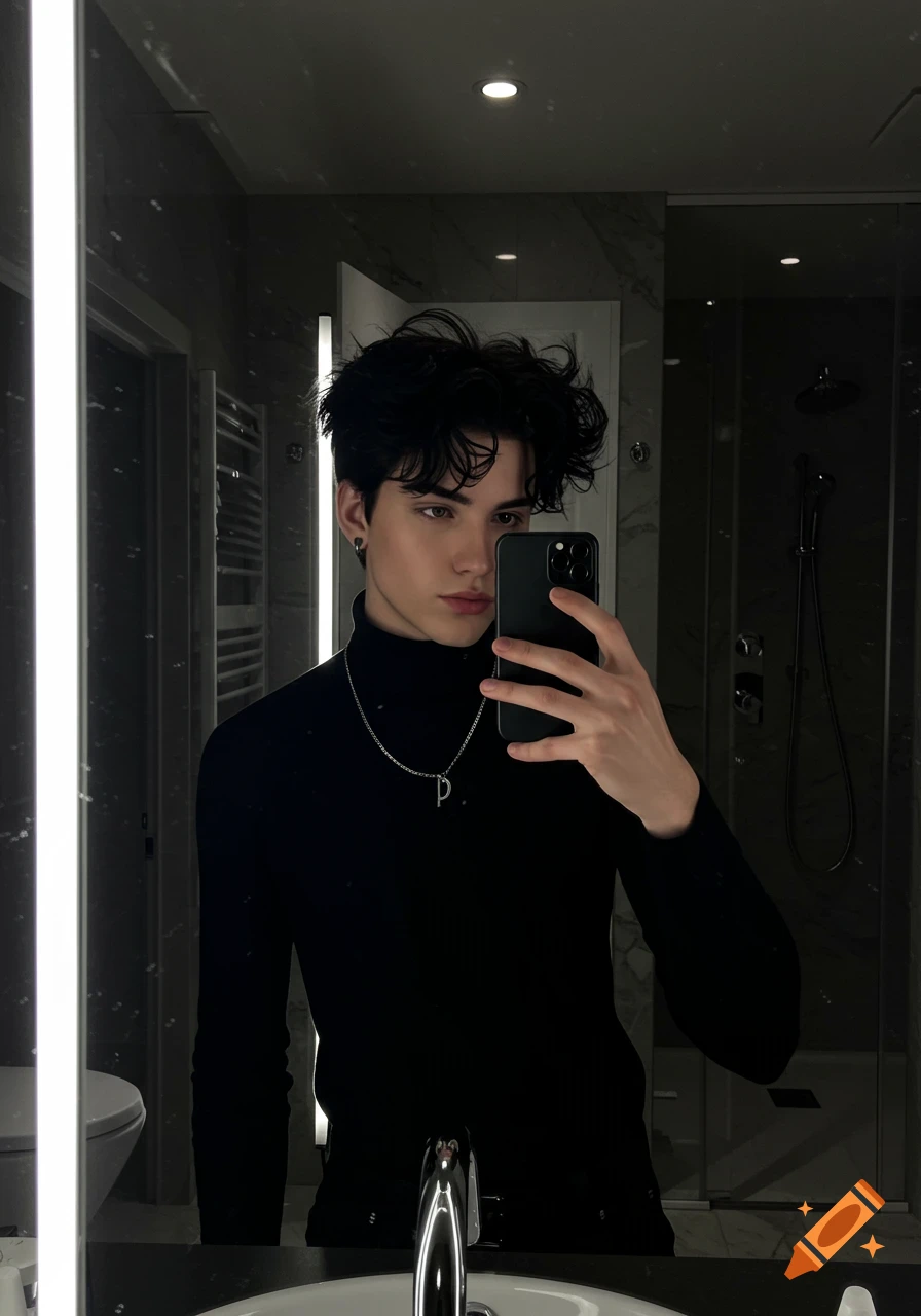 A dark-haired eboy in a black turtleneck takes a mirror selfie in a modern bathroom.