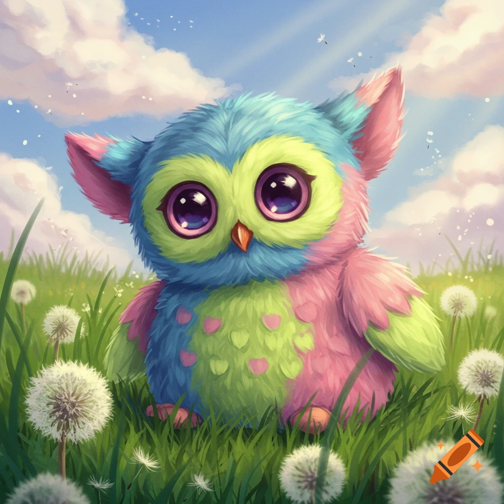 A cute, colorful plushie owl with big purple eyes sits in a grassy field with dandelions under a blue sky.