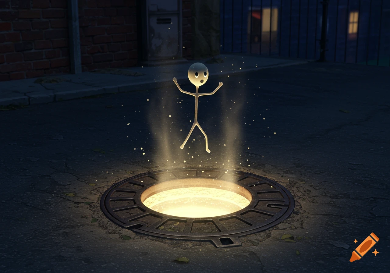 A glowing stick figure floats above an open manhole on a dark city street, emanating light and particles.