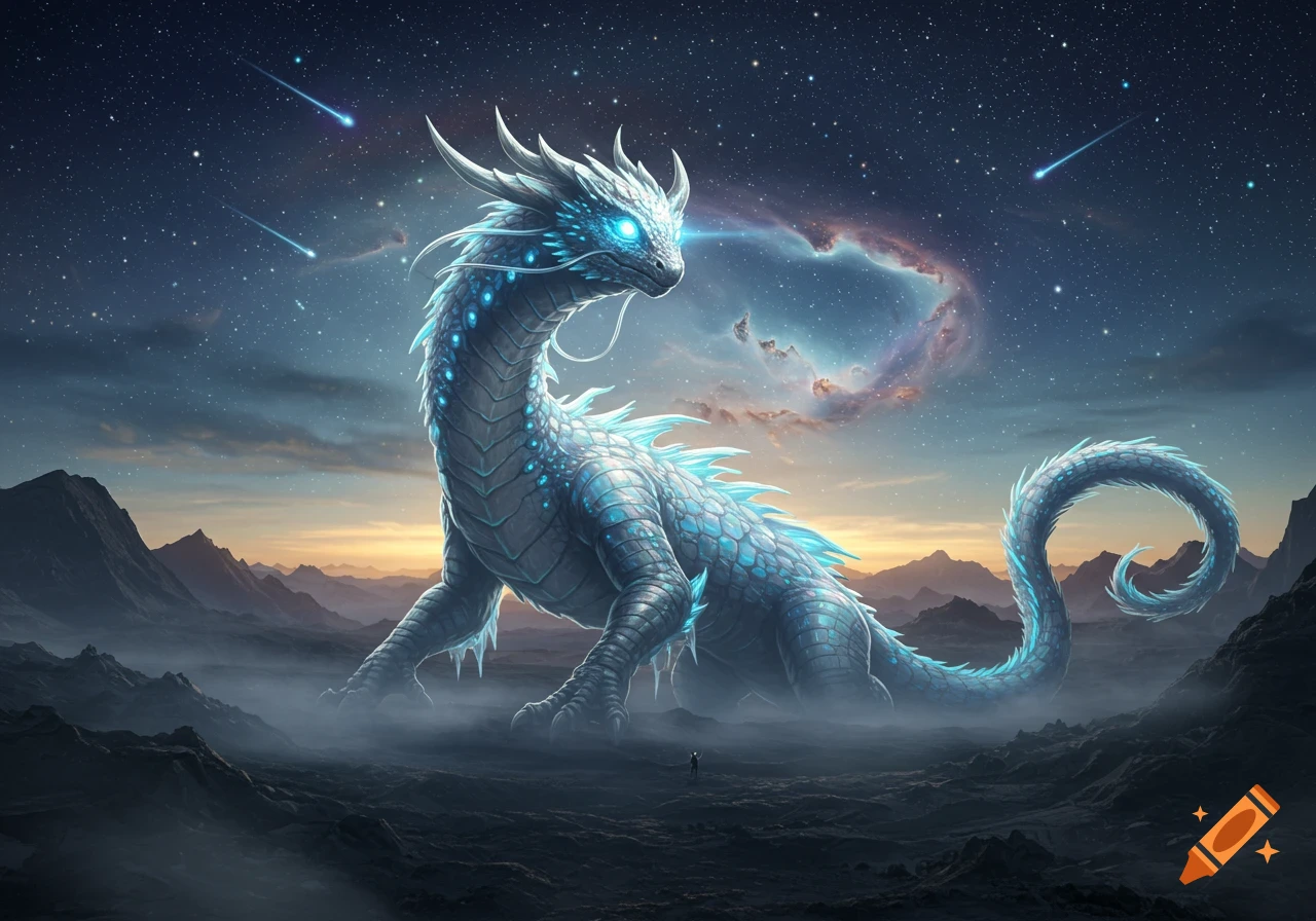 A huge, glowing blue and white dragon in a misty, mountainous landscape under a starry night sky with meteors and a nebula.