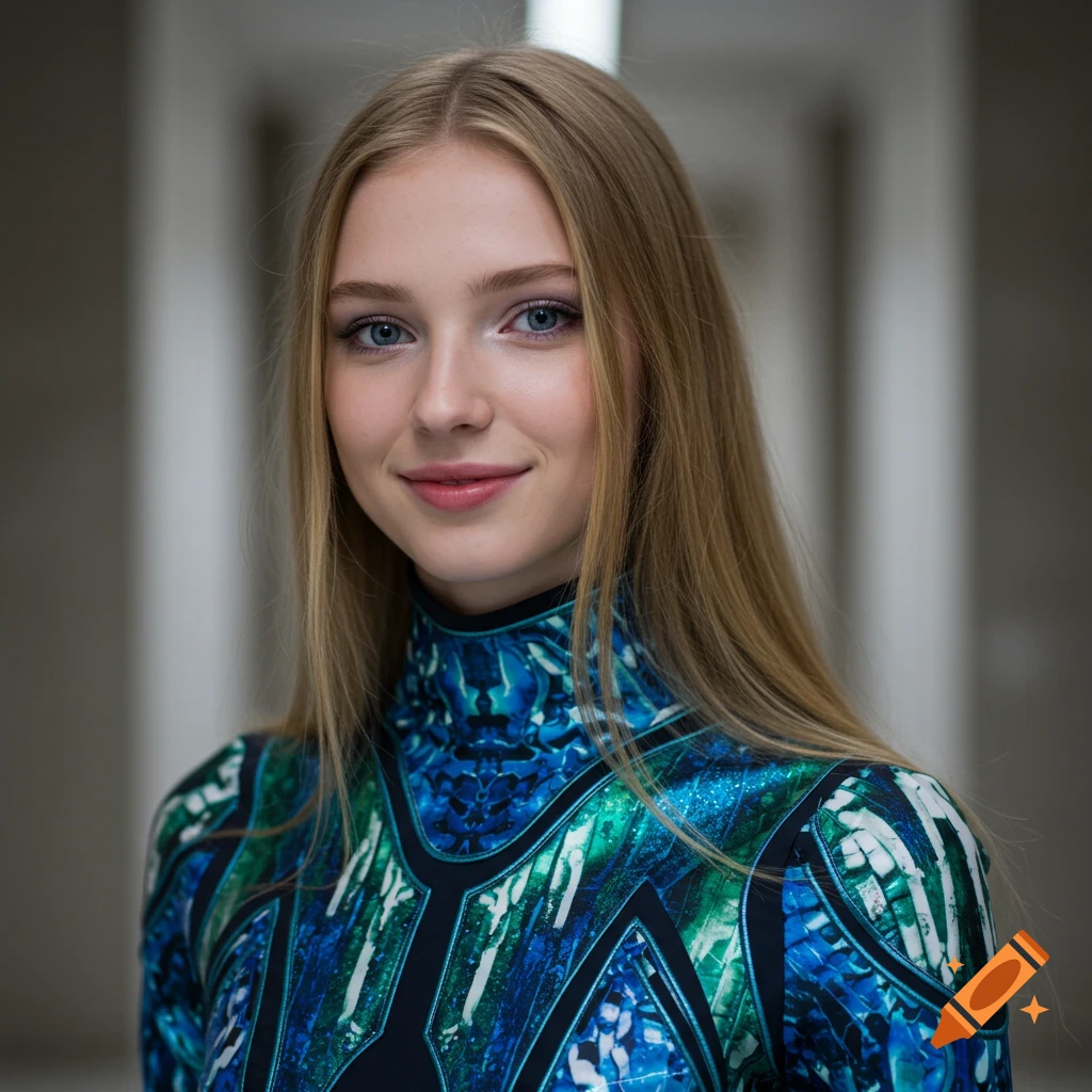 A smiling young woman with long blonde hair and blue eyes wears a high-necked blue and green futuristic patterned top.