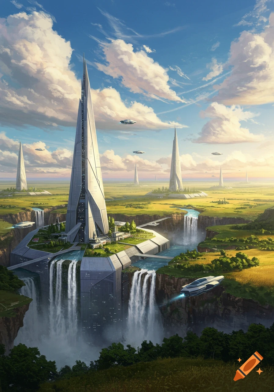 Towering futuristic city with spires and waterfalls in a lush landscape under a cloudy sky, with flying vehicles.