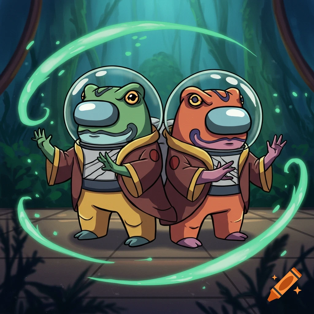Two green and orange frog-like figures resembling Among Us characters in robes and helmets, surrounded by green mystical energy in a dark forest.