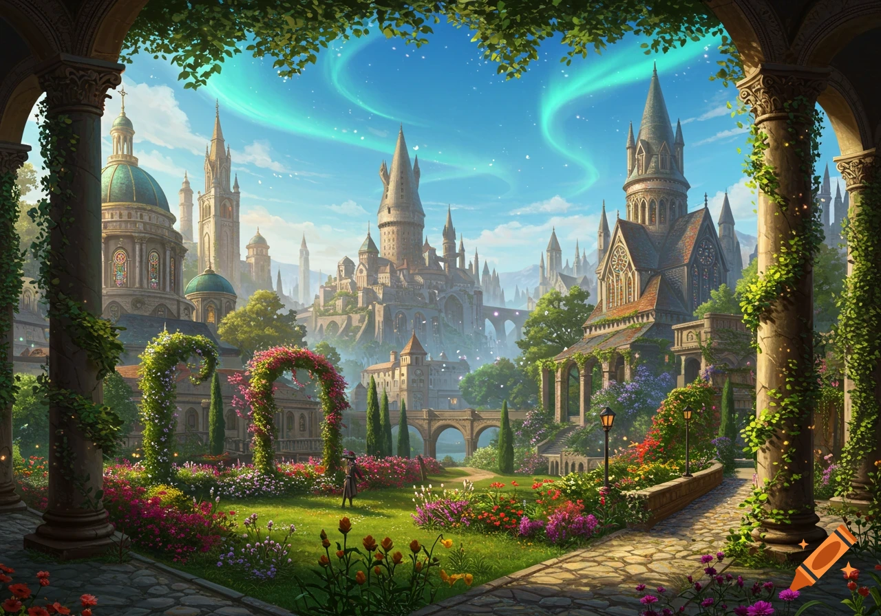 A grand magical city with castles and domed buildings, surrounded by vibrant gardens under a sky with aurora lights.
