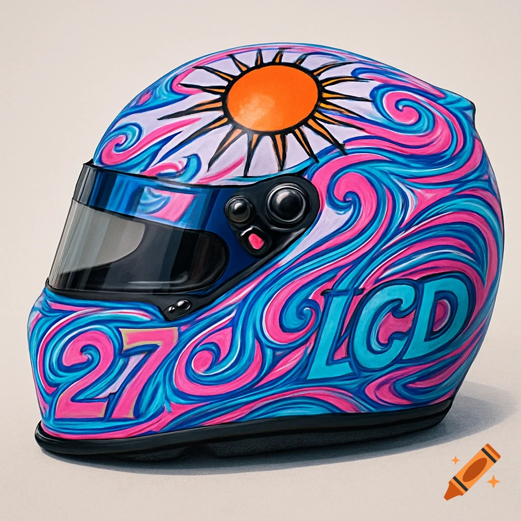 A vibrant, glossy racing helmet with pink, blue, and teal swirls, an orange sun, and the numbers '27' and 'LCD'.