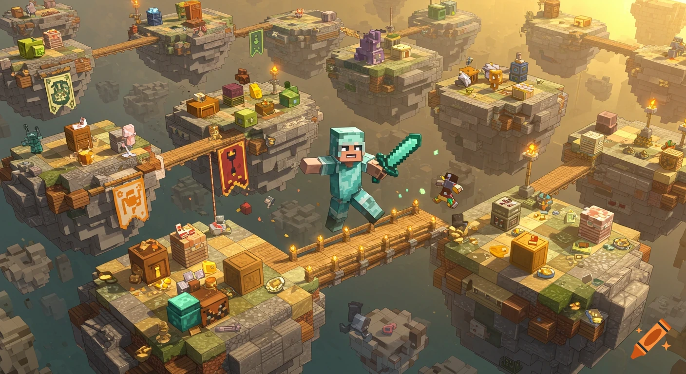 A Minecraft-style character in diamond armor stands on a bridge between floating islands filled with chests and blocky structures under a golden sky.