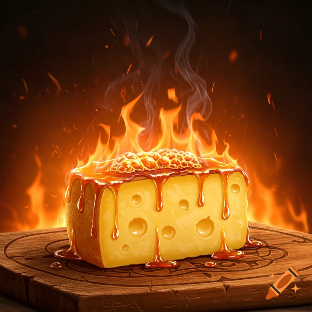 A block of Swiss-style cheese, melting and bubbling with a caramel-like sauce, engulfed in flames and smoke on a rustic wooden board.