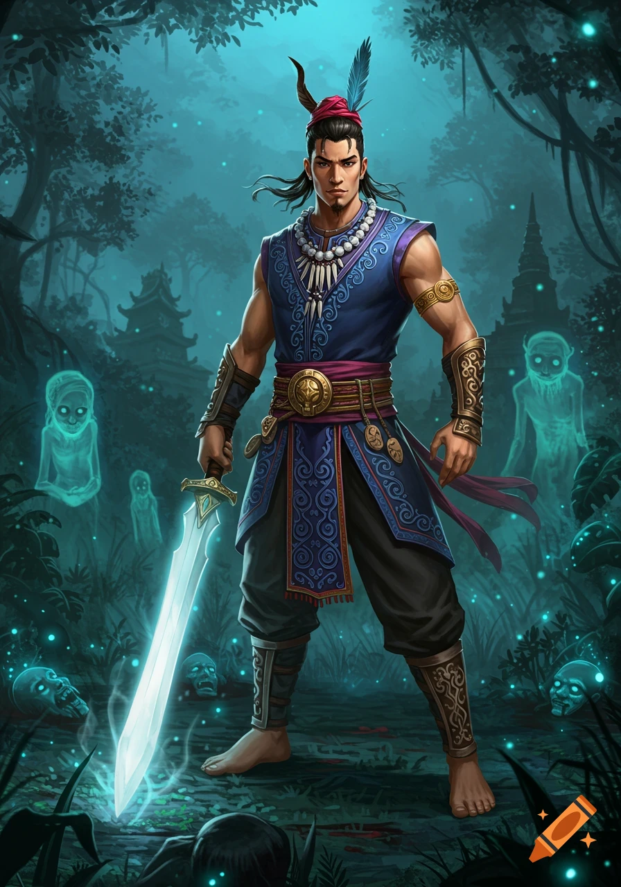 A male Hmong demon slayer stands in a misty forest, holding a glowing sword among ghosts and skulls. Digital fantasy art.
