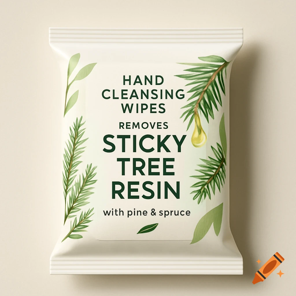 A white package of "Hand Cleansing Wipes" that "Removes Sticky Tree Resin" with pine and spruce. The package is decorated with green pine needles and leaves.