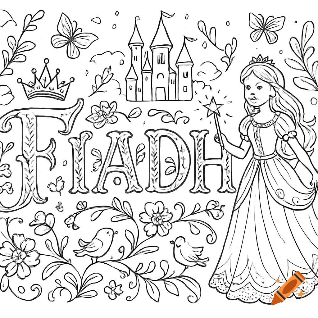 Black and white coloring page with the name FIADH, a princess, castle, birds, butterflies, and flowers.