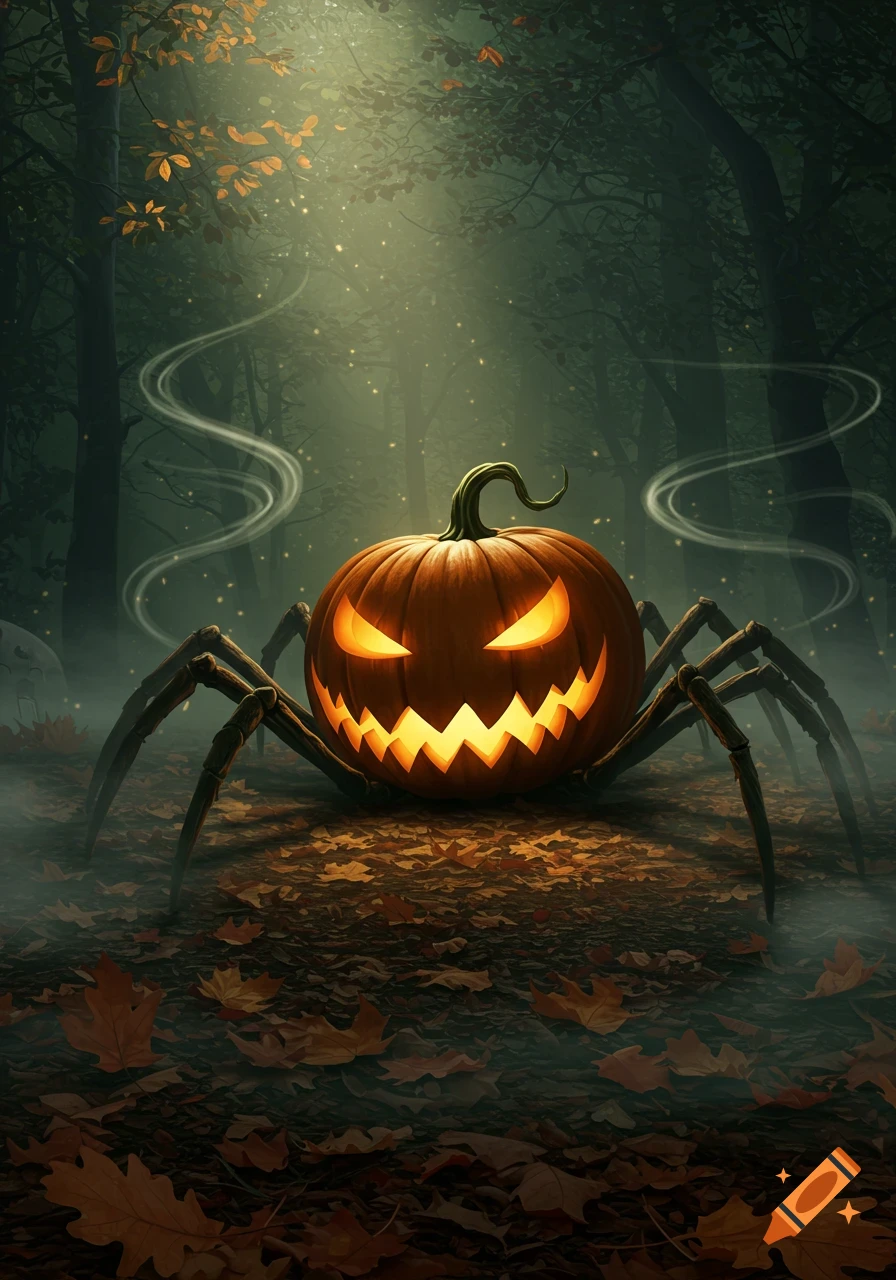 A glowing, scary Halloween jack-o'-lantern with spider legs stands in a misty, dark forest with fallen leaves.