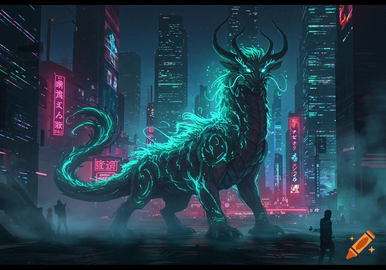 A giant glowing teal dragon stands in a dark cyberpunk city street at night, illuminated by neon signs and haze. People watch below.