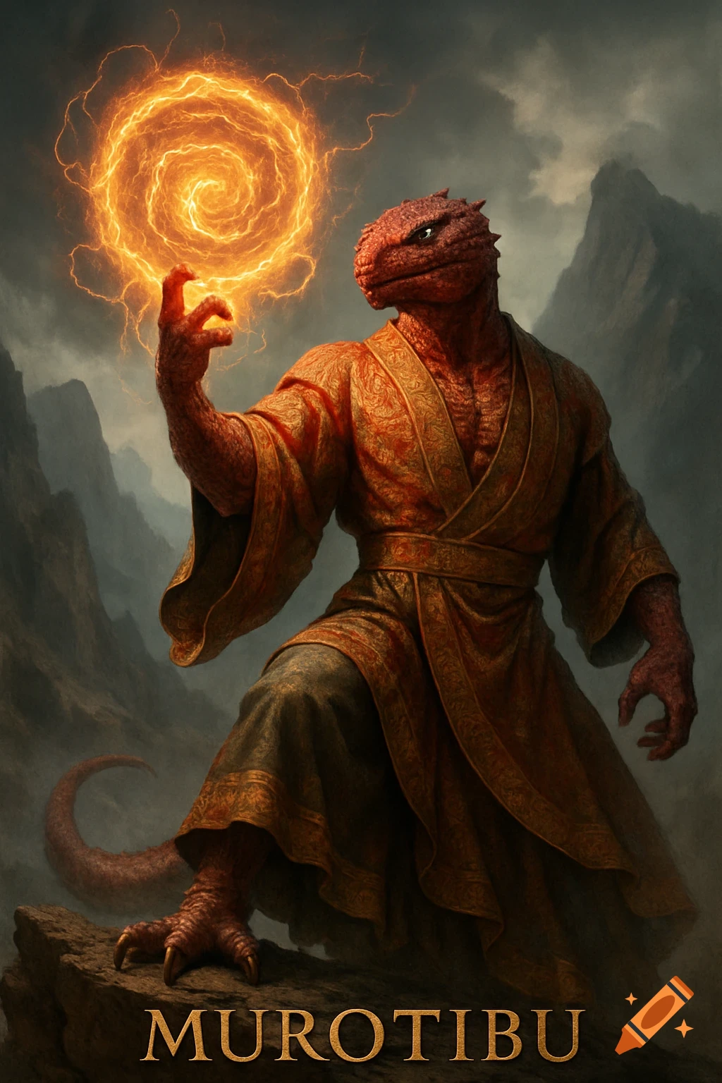 A red lizard-human hybrid in golden robes conjures a swirling orange energy orb against a mountain backdrop. The name 'MUROTIBU' is at the bottom.
