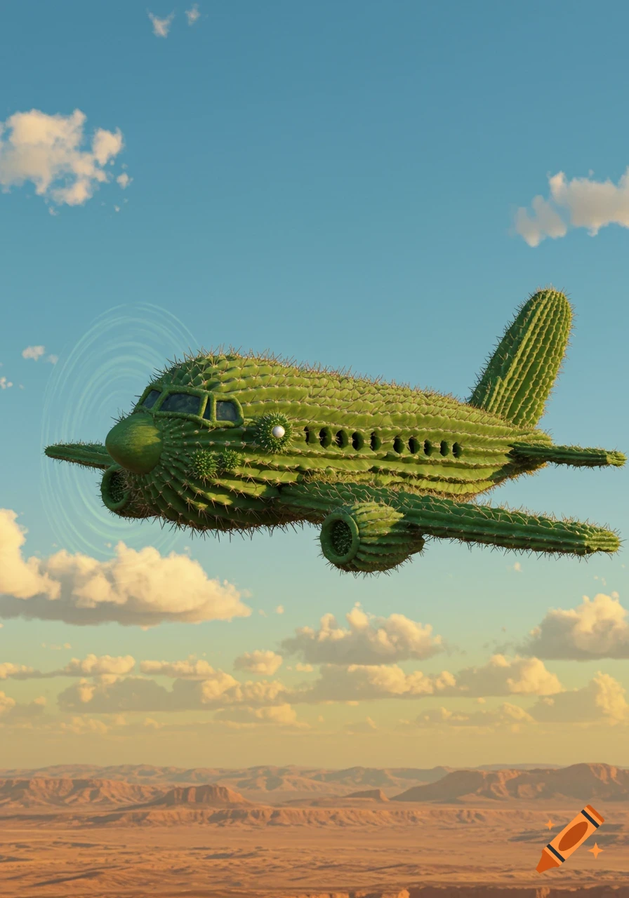 A surreal green airplane made of cactus flies over a vast desert landscape under a blue sky with clouds.