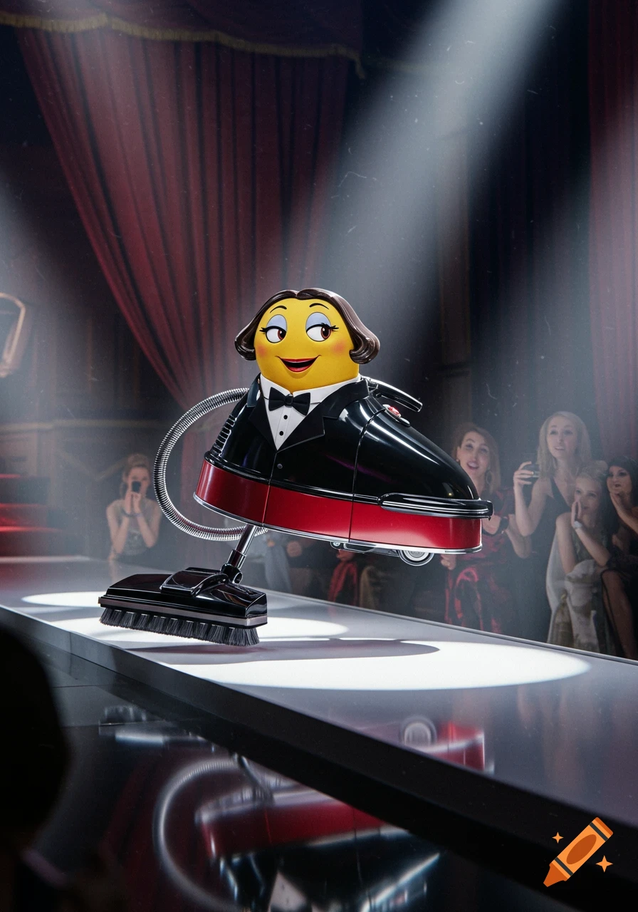Anthropomorphic vacuum cleaner character, Hetty Hoover, wearing a tuxedo on a brightly lit runway.