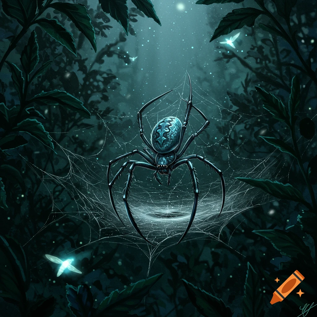 A detailed illustration of a blue spider in a web at night, with glowing insects and dark foliage.