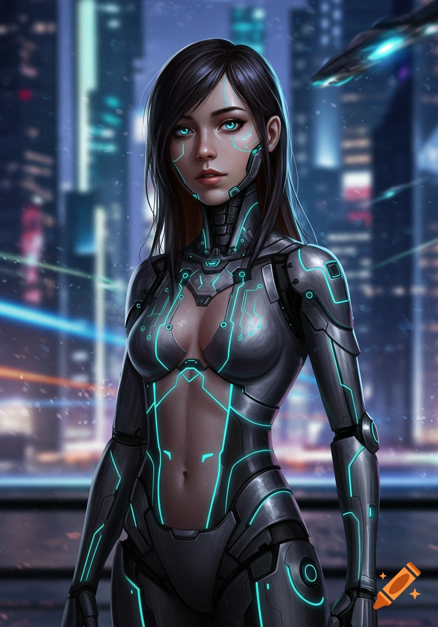 A dark-haired female cyborg with glowing blue circuitry on her armor and face stands against a blurred futuristic city at night.