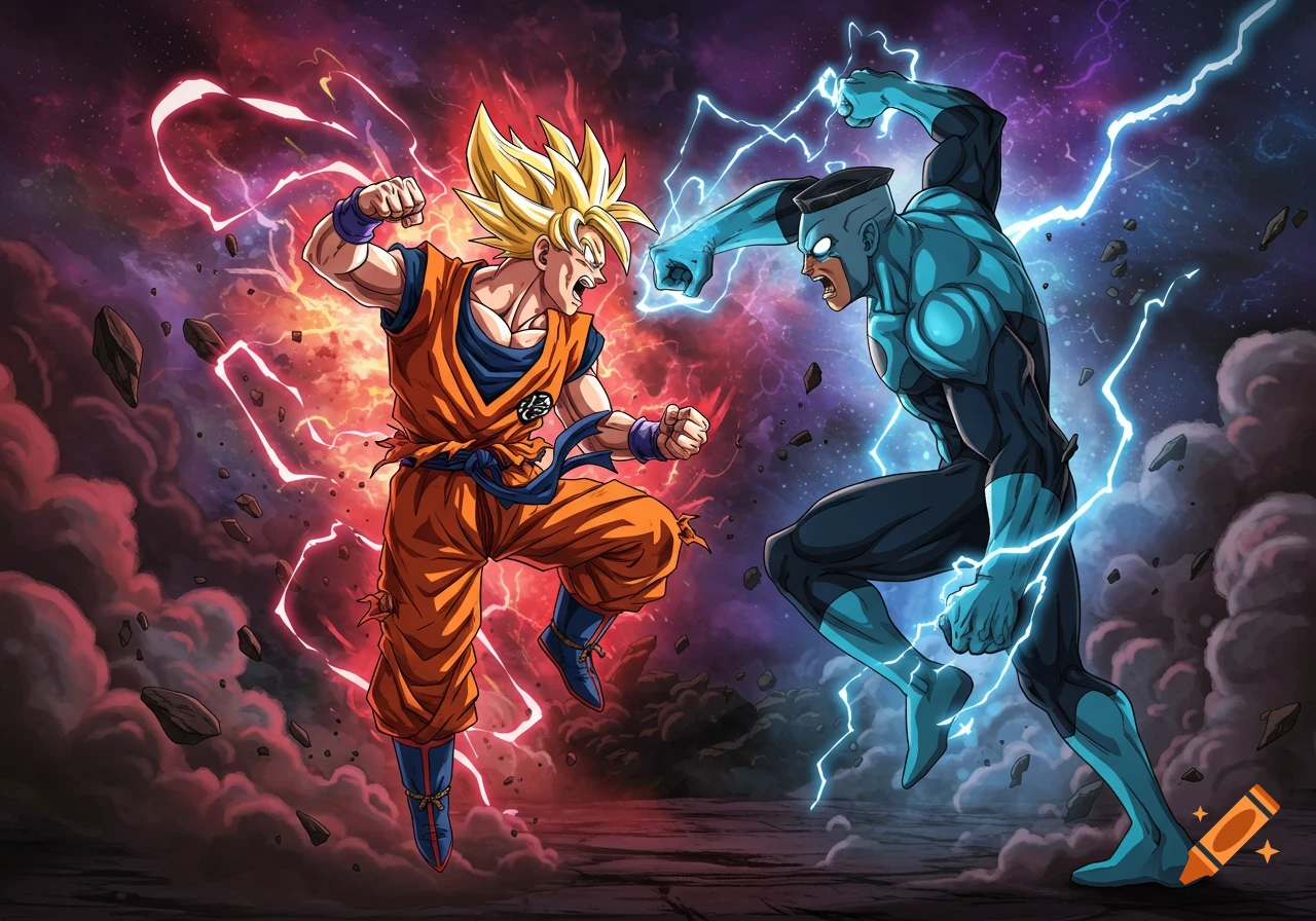 Goku and Thragg clash in mid-air surrounded by red and blue lightning and cosmic clouds, in an anime-comic art style.